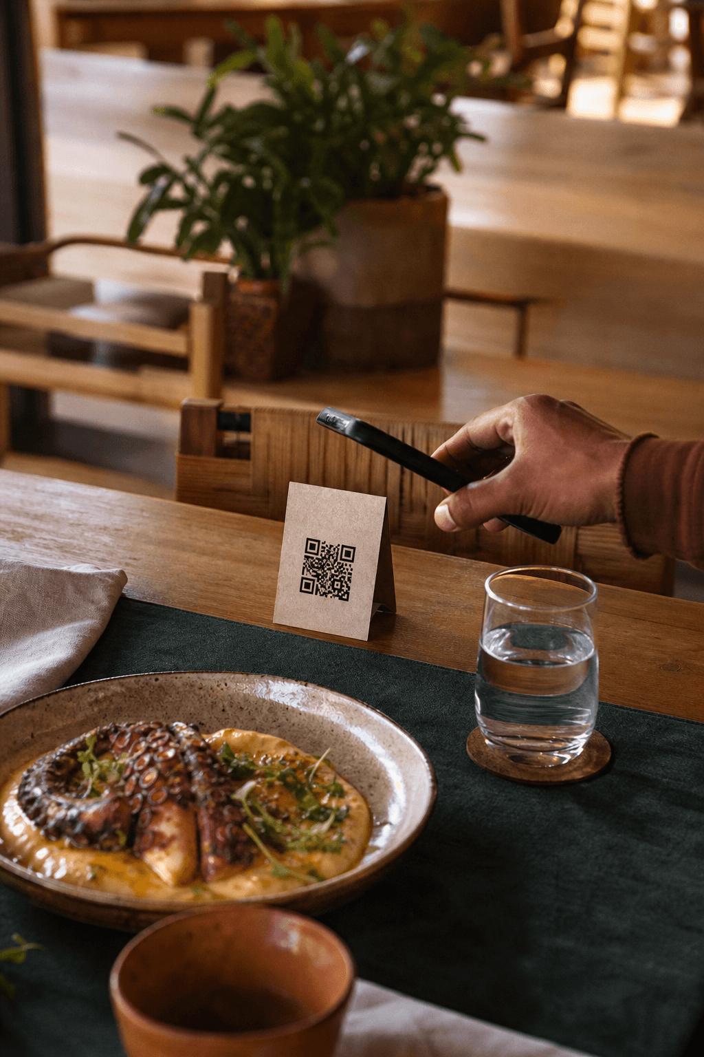 Cliente escaneando o QR Code na mesa do restaurante